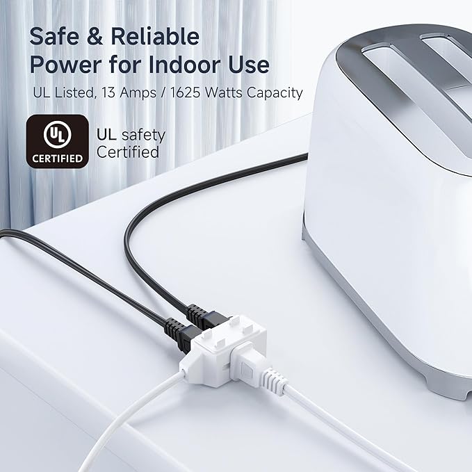 Cable Matters [UL Listed] 2-Pack 16 AWG 2 Prong Extension Cord 10 ft, 13A 3-Outlet Extension Cords with Tamper Guard, 13 Amp, 1625 Watts, White