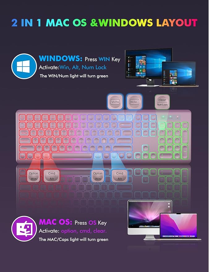 Wireless Keyboard and Mouse Combo - RGB Backlit, Rechargeable & Light Up Letters, Full-Size, Ergonomic Tilt Angle, Sleep Mode, 2.4GHz Quiet Keyboard Mouse for Mac, Windows, Laptop, PC, Trueque, Rose