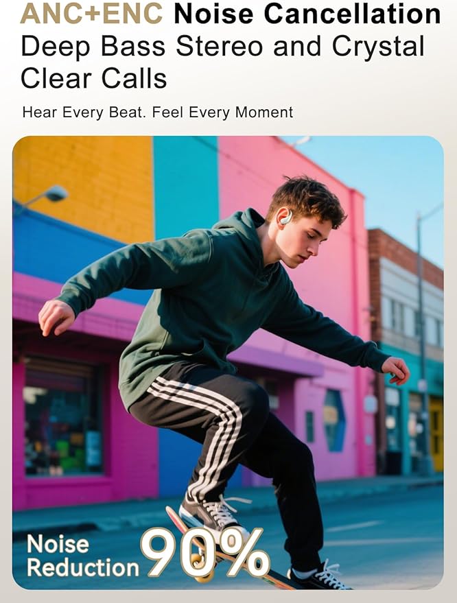 Wireless Earbuds, ENC Noise Cancelling Sport Ear Buds with Smart Touch Screen Charging Case, Bluetooth 5.4 Headphones, Bass Stereo Sound, 5 EQ Over-Ear Earbuds for Sports/Workout/Gym-Rice