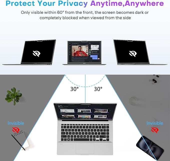OMOTON Magnetic Laptop Privacy Screen 14 Inch 16:9, Anti-Spy Filter, Matte Anti Glare Blue Light Protector, Easy Install & Remove