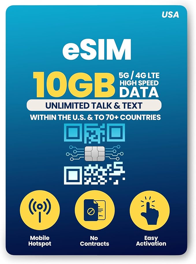 H2O Wireless 90-Day USA eSIM, Prepaid eSIM Card with 10GB High-Speed 4G LTE/5G Data & 5GB Mobile Hotspot, Unlimited Data, Talk & Text to 70+ Countries, US Mobile SIM Card for Cell Phones