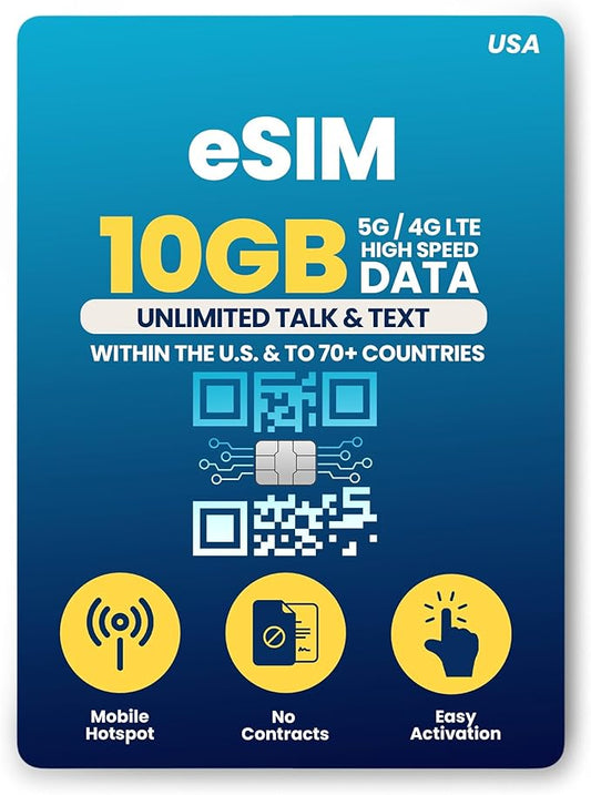 H2O Wireless 90-Day USA eSIM, Prepaid eSIM Card with 10GB High-Speed 4G LTE/5G Data & 5GB Mobile Hotspot, Unlimited Data, Talk & Text to 70+ Countries, US Mobile SIM Card for Cell Phones