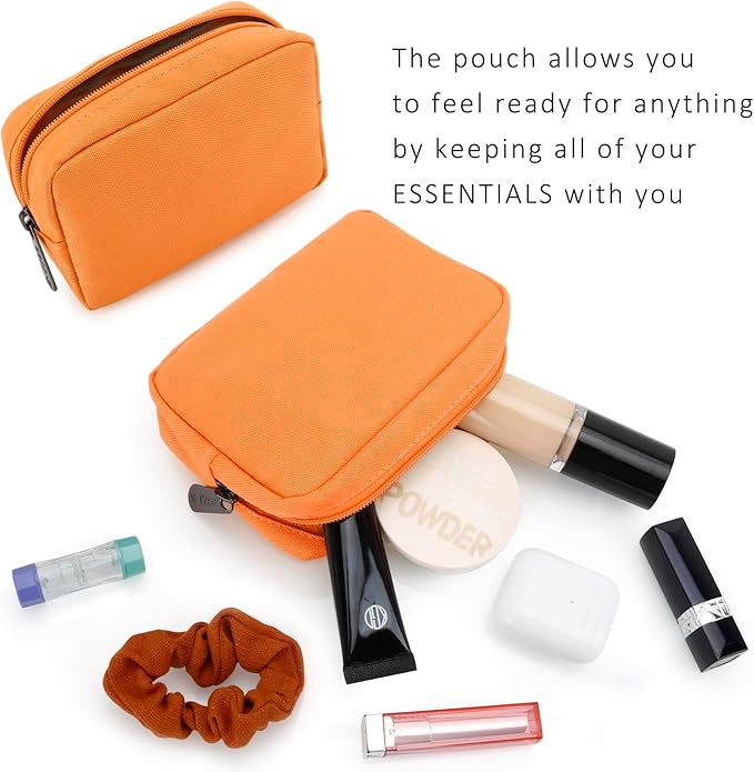 E-Tree Cute Small Makeup Bag,Cosmetic Toiletry Make up Skin Care Little Items Pouch for Purse,Zipper Mini Tech Charger Cable Electronic Organizer Case,Travel Accessories for Women Men Teen,Orange