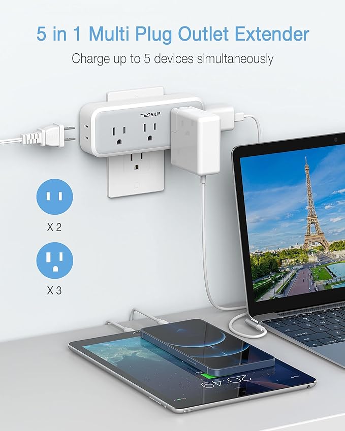 Multi Plug Outlet Extender, TESSAN Surge Protector Wall Plug Splitter with 5 Electrical Outlet Expander, Multiple Plug Adapter for Travel Home Office