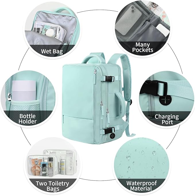 Hanples Large Travel Backpack for Women as Person Item Flight Approved, 35L Carry on Backpack, 17 Inch Laptop Backpack, Waterproof Backpack,Casual Bag with 2 Toiletry Bags (Mint Green)