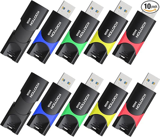 64GB USB 3.0 Flash Drive 10 Pack KOOTION USB 3.0 Thumb Drive Retractable 64G Zip Drive Ultra High Speed USB Stick Jump Drive Rugged Memory Stick with LED Indicator for Data Storage and Transfer