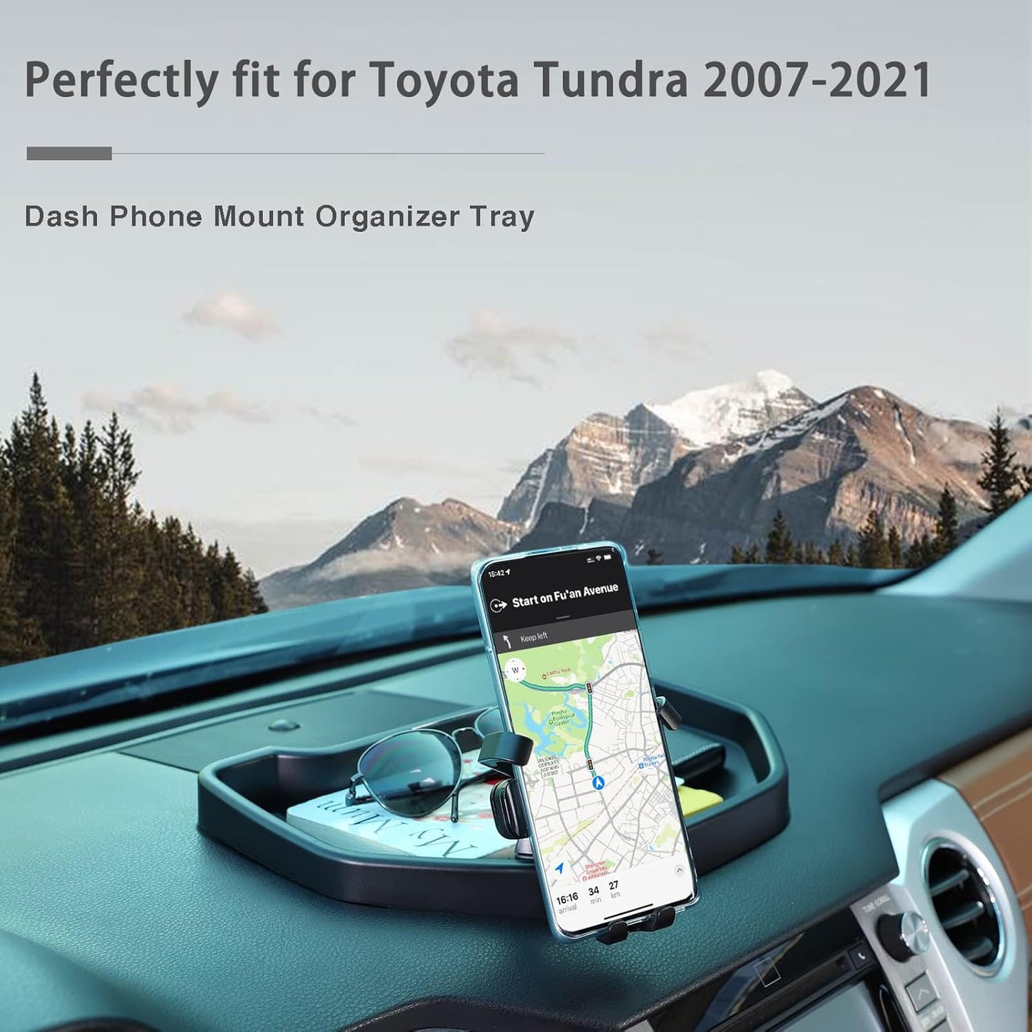 LLKUANG Black ABS Car Center Console Dash Table Storage Tray Fit for Toyota Tundra 2014-2021 Instrument Organizer Vertical Placement Phone Holder Cradle Accessories(with Mobile Phone Holder(B))