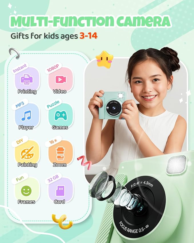 Kids Instant Print Camera, Christmas Birthday Gifts for Girls and Boys, 1080P HD Video Digital Kids Camera with Print Paper & 32G Card, Toddler Toy for 3-14 Years Old (Green)