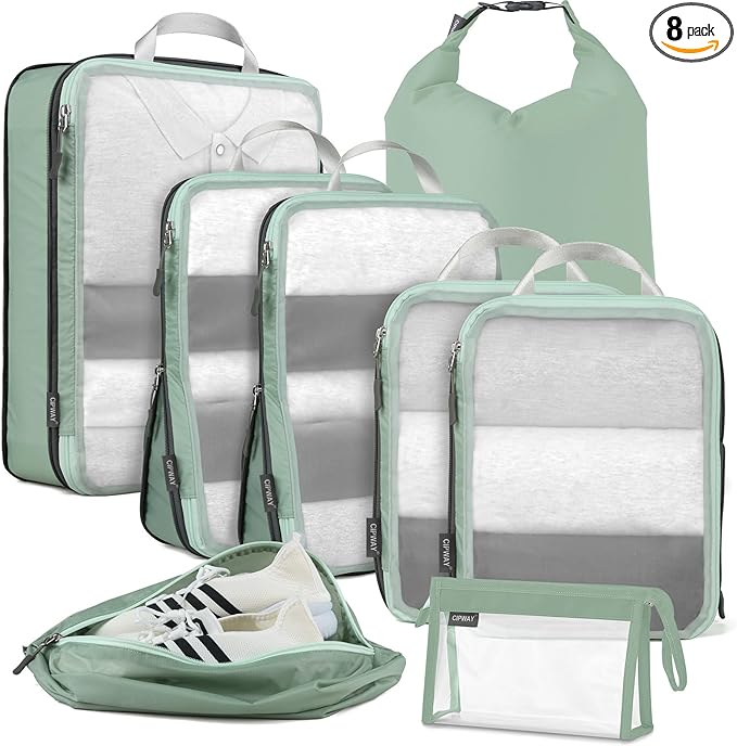 Cipway Compression Packing Cubes Mesh, Lightweight Luggage Organizer Bags with Laundry Bag,Toiletries Bag and Shoe Bag, Travel Essentials for Carry on Suitcase（8 Pcs,Sage Green）