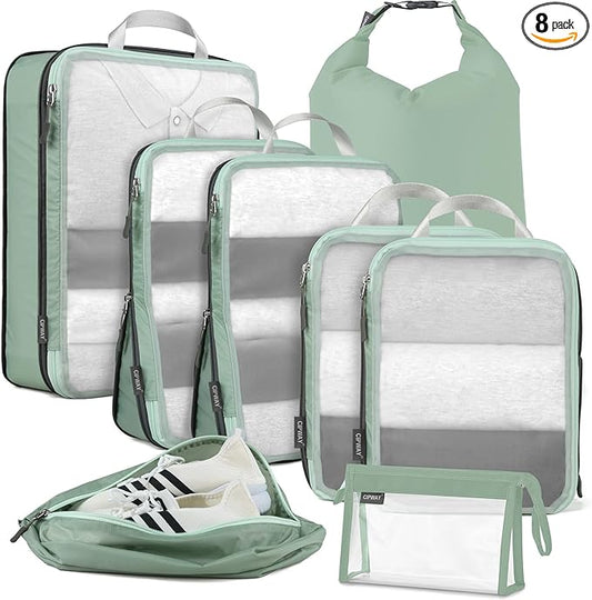 Cipway Compression Packing Cubes Mesh, Lightweight Luggage Organizer Bags with Laundry Bag,Toiletries Bag and Shoe Bag, Travel Essentials for Carry on Suitcase（8 Pcs,Sage Green）