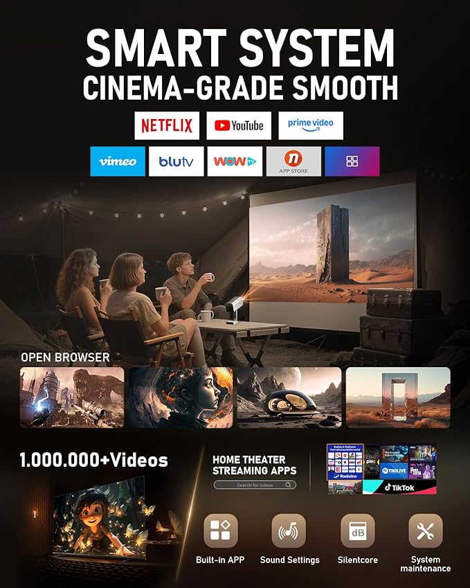[Officially-Licensed APP & DoIby Audio] Smart Mini Projector with WiFi and Bluetooth, VOPLLS 1800ANSI Portable Outdoor Projector 4K Support with TOF Real-Time Focus, Native 1080P Home Movie Projector