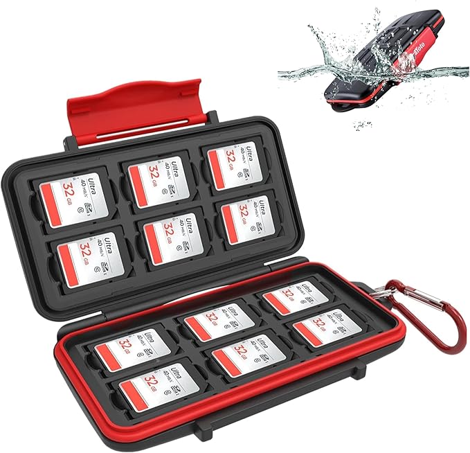 Kiorafoto 12 Slots SD SDHC SDXC Card Holder Case Professional Water-Resistant Anti-Shock Memory Card Storage Protector Wallet with Carabiner