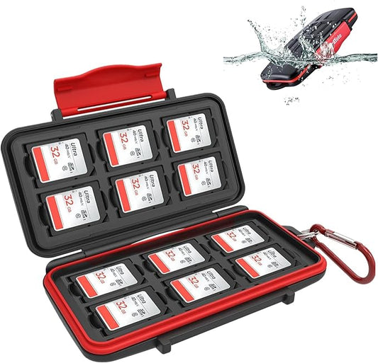 Kiorafoto 12 Slots SD SDHC SDXC Card Holder Case Professional Water-Resistant Anti-Shock Memory Card Storage Protector Wallet with Carabiner