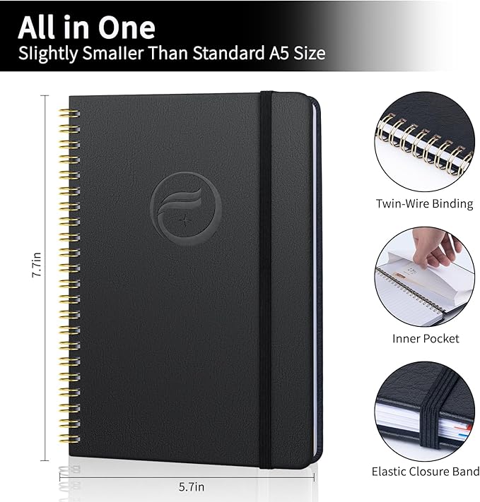 Password Book with Alphabetical Tabs, Password Keeper Book for Seniors, Individual & Colorful Tabs, Spiral Hardcover Password Notebook for Website Logins, 5.7" x 7.7", Black