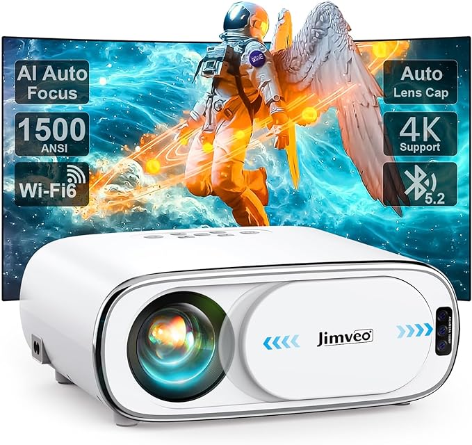 Projector [AI Auto Focus/Auto Lens Cap] Outdoor-Projector-4K with WiFi 6 and Bluetooth: 1500 ANSI Portable Projector with Auto 6D Keystone & Zoom, Jimveo Native 1080P Movie Proyector 2025 Upgraded
