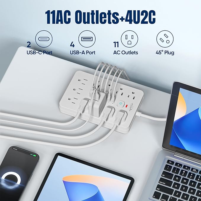 20 FT Flat Plug Surge Protector Power Strip,11 Multiple AC Outlets with 6 USB Ports (2 USB C), 20 Feet Extension Cord, 1250W/10A, One Touch Switch Button, White