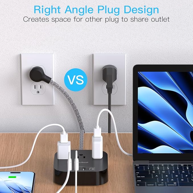 Power Strip - 10ft Long Extension Cord with USB C Ports, 3 Outlets 4 USB Desktop Charging Station, Flat Plug Power Strip Non Surge Protector for Cruise Ship, Travel Essetials, ETL Listed, Black