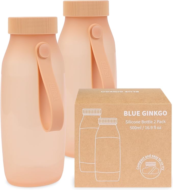 BLUE GINKGO Collapsible Water Bottle [2-Pack] – Lightweight, Foldable Silicone Bottles for Travel, Hiking, and Camping (16.9oz, Made in Korea, Peach)