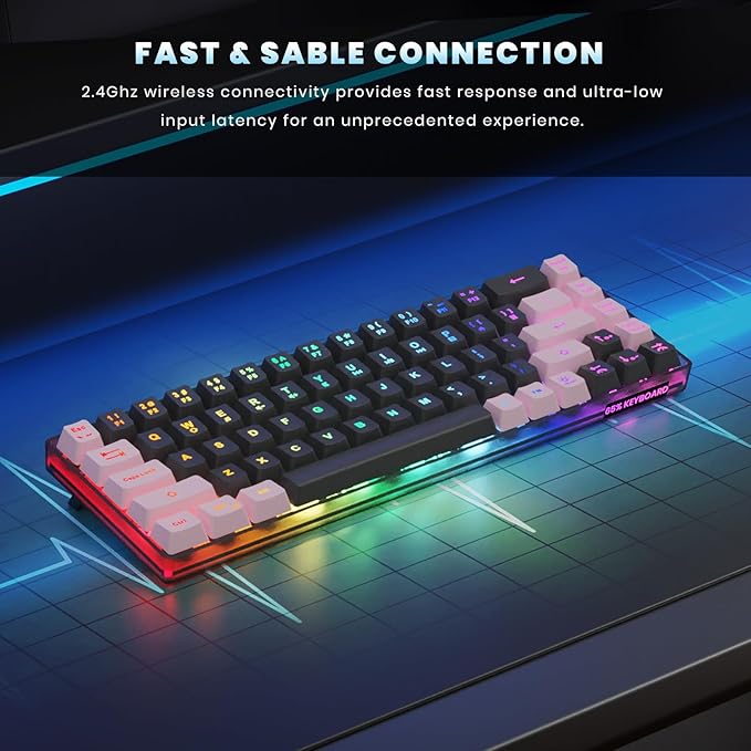 65% Wireless Gaming Keyboard, LED Backlit Gaming Keyboard, 68 Keys Ultra-Compact Anti-ghosting No-Conflict Wireless Keyboard for PC Laptop Windows Gamer(Black-Pink)