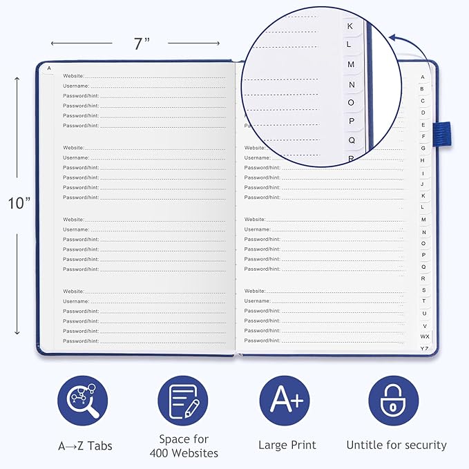JUBTIC Password Book with Individual Alphabetical Tabs, 7"x10" Internet Password Keeper Book for Seniors, Password Notebook and Organizer/Notes Section, Navy Blue
