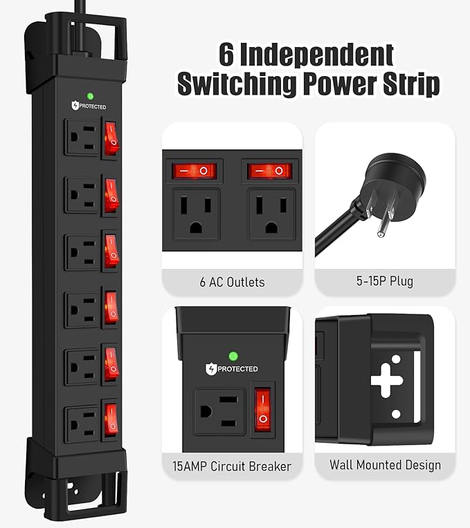 Heavy Duty Power Strip,6 Outlets Metal Power Strip with Individual Switch & Cord Management,Mountable Surge Protector 1200J,10FT Extension Cord (Black,10 FT)