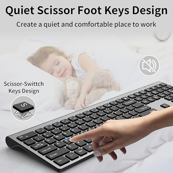2.4G Wireless Slim Silent Full-Size Keyboard with Numeric Keypad, Calculator Button, USB Receiver, Fn Lock, Ultra-Thin Scissor Switch Design, Computer Keyboard for Laptop PC Windows Mac