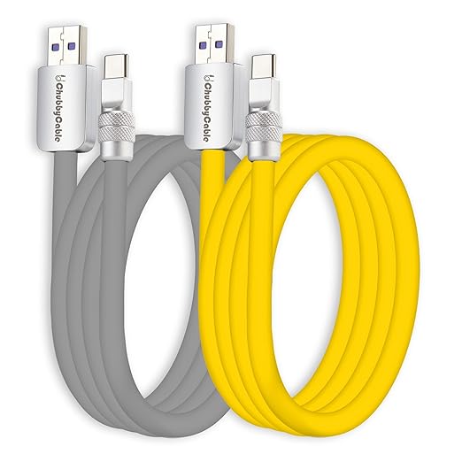 chubbycable Couple Chubby 2-Pack 120W USB C Cable Extra Thick Silicone Fast Charging Cable Compatible with iPhone 17-15 Series iPad Galaxy Series, Gray+Yellow, USB-A to Type-C, 16.4FT