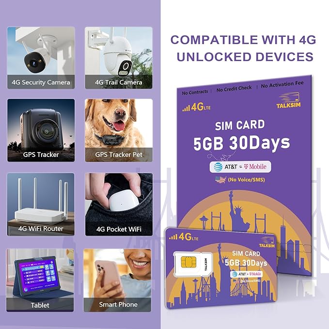Data SIM Card 5GB 30Days Support AT&T, T-Mobile, 4G LTE Cellular SIM USA Card Compatible with Unlocked Security Camera/Router/Mobile WiFi Hotspot/GPS Tracker/Tablet iot Devices