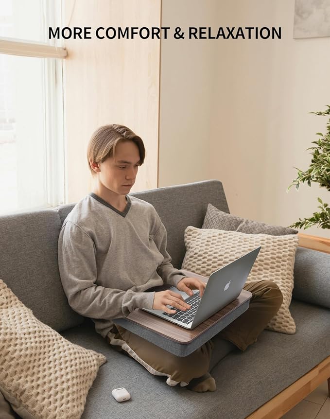 Lap Desk with Pillow Cushion, Portable Laptop Bed Desk, Fits up to 15.6 inch Laptop, Lap Stand for Bed & Couch & Carpet, Book Tablet/Drawing Board - Dark Brown Wood