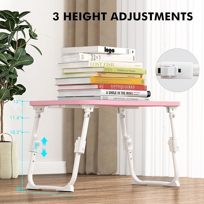 Lap Desk for Bed Adjustable Height, Foldable Bed Table with Storage Drawer, Tablet Slot & Cup Holder, Portable Laptop Stand for Bed & Sofa, Bed Desk for Adults & Kids, Pink