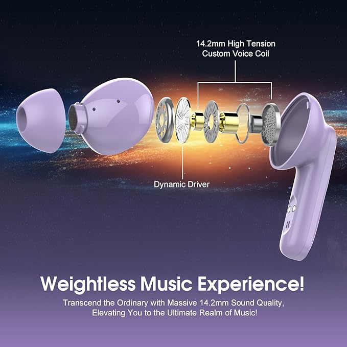 Wireless Earbuds, Bluetooth 5.4 Headphones, HiFi Stereo Bass Ear Buds, in Ear Earbuds with 4 ENC Noise Cancelling Mic, 45H, LED Display, IP7 Waterproof, Earphones for Phone Android/iOS Sports, Purple
