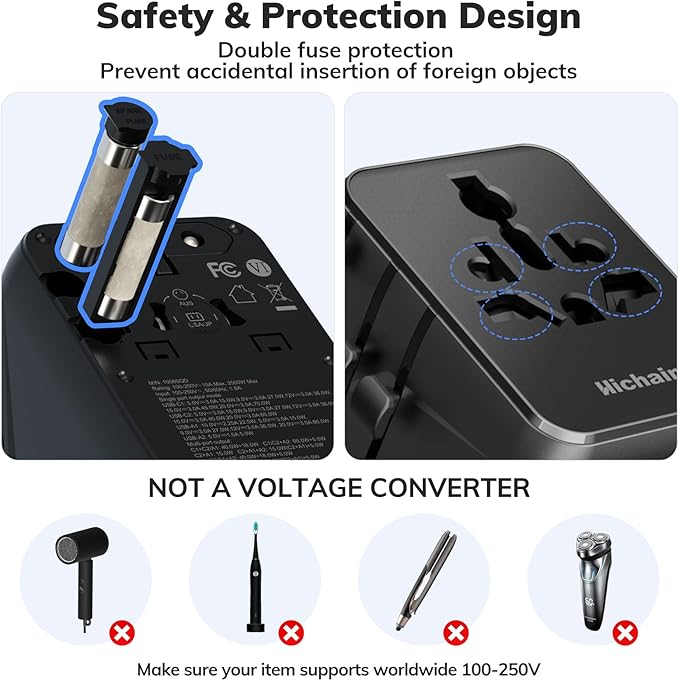 Hichain 7-in-1 Universal Travel Adapter 35W, Fast Charging GaN Travel Worldwide Universal Power Adapter Block, Compact International Plug Foldable European Travel Plug Adapter Global Vacation Holiday