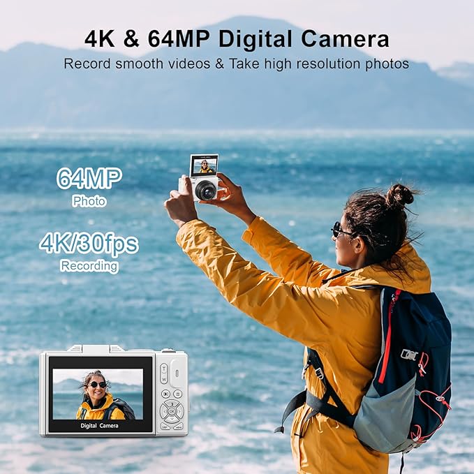 4K Digital Camera for Photography, 64MP Vlogging Camera for YouTube with 3" 180° Flip Screen, 18X Digital Zoom Point and Shoot Camara with 32GB Micro SD Card for Beginner (White)