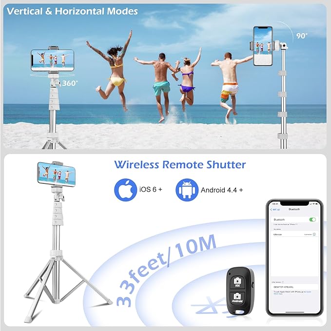 Sensyne 67" Phone Tripod & Selfie Stick, Extendable iPhone Tripod Stand with Wireless Remote and Phone Holder, Compatible with Cell Phone, Camera (Silver)