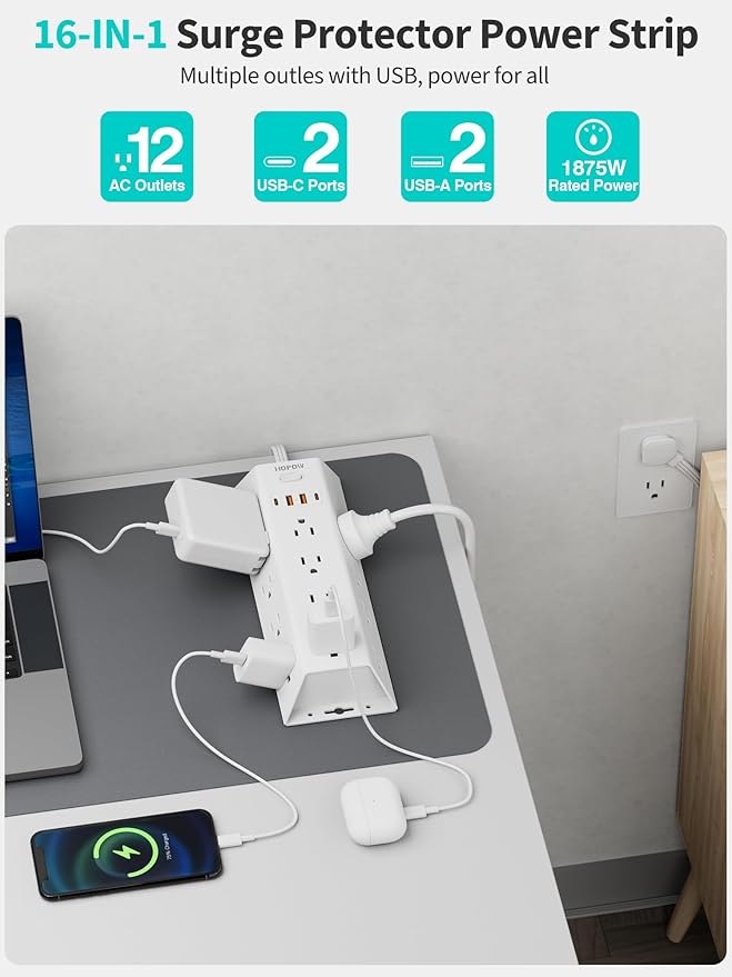 15FT Extension Cord - Surge Protector Power Strip, Long Cord with 12 AC Outlets & 4 USB Ports (2 USB C), Flat Plug Extension Cord, Wall Mount, Desk Charging Station for Office Home Room Essentials