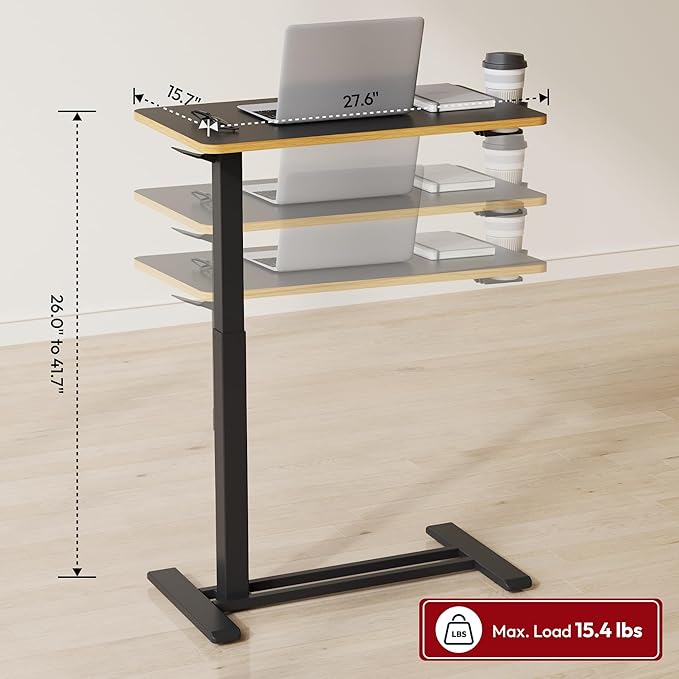 SANODESK Medical Adjustable Overbed Bedside Table with Hidden Casters, Pneumatic Mobile Laptop Computer Standing Desk Cart with Tray, Hospital and Home Use(27.6" W x 15.7" D, Black)