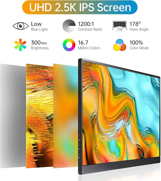2.5k Portable Monitor 16inch 2560X1600 USB C Laptop Monitor HDMI Computer Display HDR IPS Gaming Screen w/Smart Cover & Dual Speakers for PC Mac Phone Xbox PS5 Switch Laptop