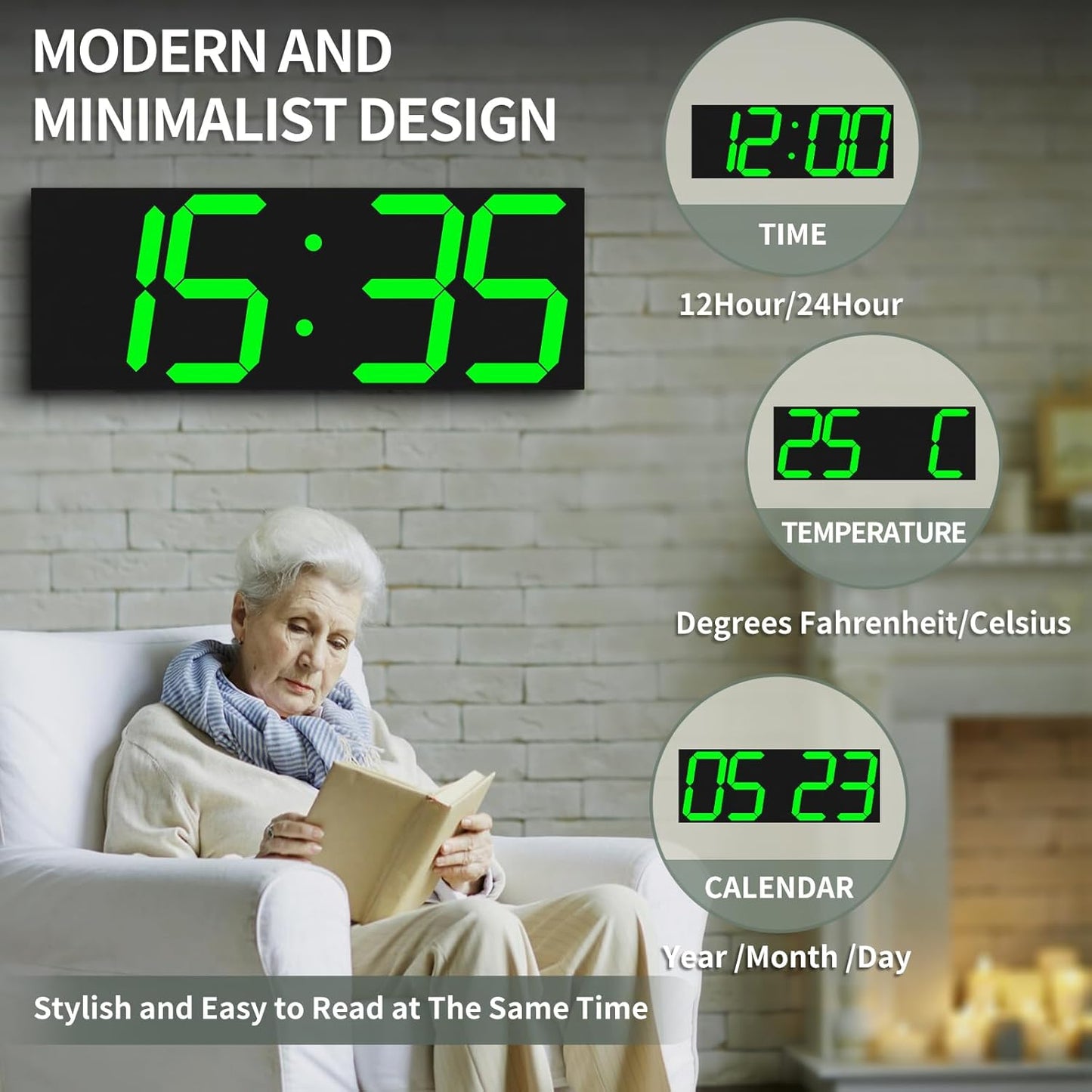 18.7in Large Digital Wall Clock,LED Digital Clock whih Big Number,Multi-Function Remote Controlled Wall Clock with Timer, Alarm and Calendar Display(Green)