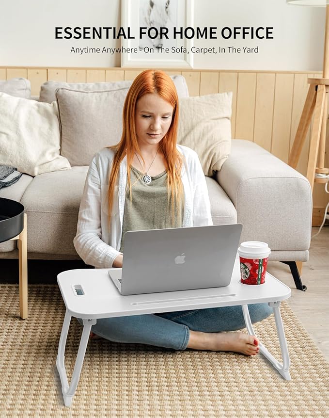 Laptop Bed Desk, Foldable Lap Table, Portable Study Table, Laptop Stand with Cup Holder & Tablet Slot & Lifting Handle for Working Writing Drawing & Eating - White