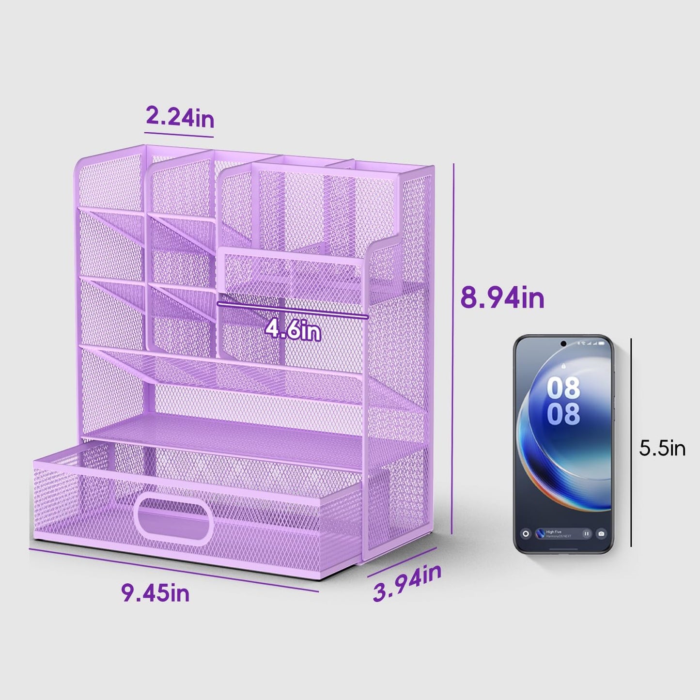 Mesh Pen Organizer for Desk, Multi-Functional Pencil Holder with Drawer Desk Organizers, Large Capacity Storage for School Office Home Supplies (Purple)
