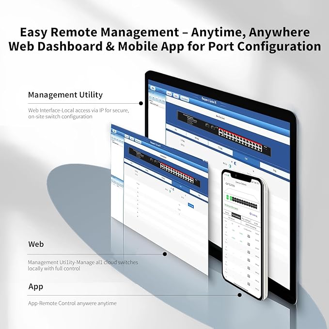 STEAMEMO 26-Port Gigabit Ethernet Switch | Smart Managed with 2 SFP Slots | QoS & VLAN Support | Rackmount/Desktop Metal Network Switch | Plug & Play Setup(Includes Power Adapter)