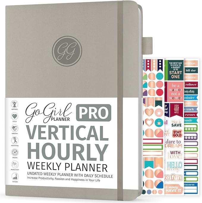 GoGirl Planner PRO Schedule - Undated Planner with Hourly Time Slots, Monthly, Weekly & Daily Organizer, Appointment Book for time Management, 7"x10" Hardcover, Lasts 1 Year - Foggy Alps