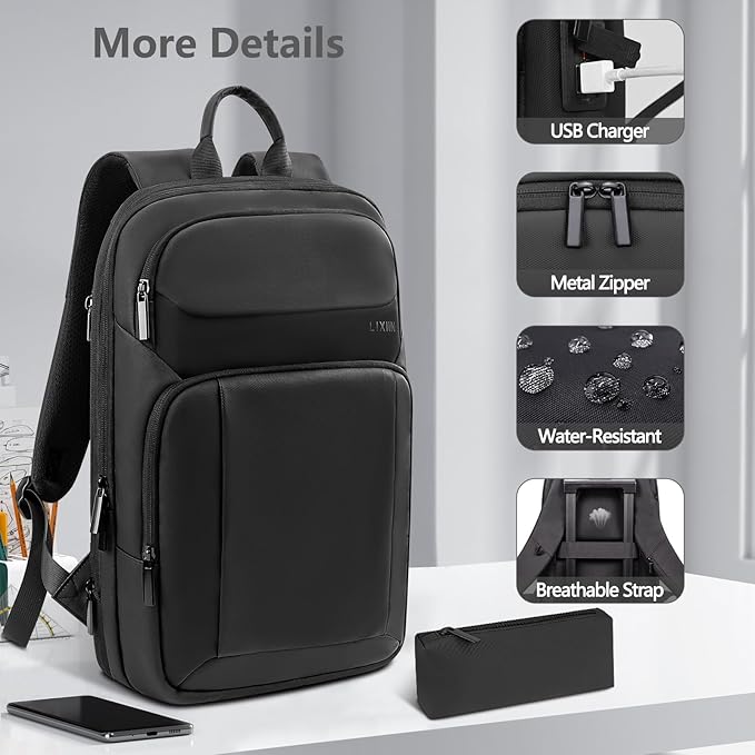 Backpack for Men Slim & Expandable Travel Laptop Backpack with USB Charging Port Water Resistant Anti-Theft Business Backpack Fits 15.6In Laptop for Commute Work College with Small Bag(Business Black)