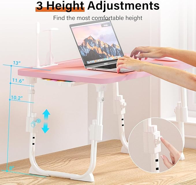 Bed Desk Height Adjustable, Bed Laptop Table with USB/Storage Drawer/Cup Holder/Tablet Stand/Book Shelf, Foldable Breakfast Tray Portable for Reading Writing, Bed, Sofa & Floor, Wood, Pink