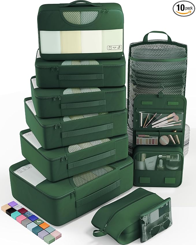 Veken 10 Set Packing Cubes for Travel Essential, Suitcase Organizer Bags in 4 Sizes, Carry-On Luggage Accessories with Large Laundry & Hanging Toiletry Bag, Must-Have for Airplane, Road Trip & Camping