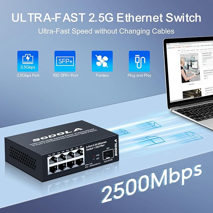 8-Port Unmanaged 2.5G Switch,8 x 2.5GBASE-T Ports,1X10G SFP+,100Gbps Switching Capacity, Fanless, Metal，Plug & Play 2.5Gb Network Switch