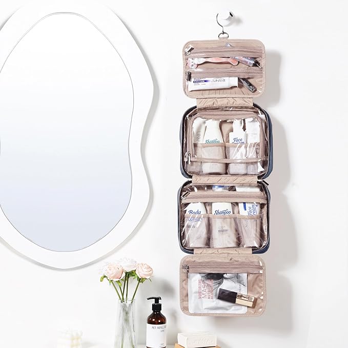 NISHEL Travel Toiletry Bag for women, Portable Hanging Organizer for Travel-Sized Shampoo, Conditioner, Brushes Set, Makeup Accessories, Medium Size, Aegean-Blue