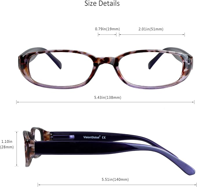 VisionGlobal 4 Pairs Reading Glasses with Spring Hinge, Blue Light Blocking Glasses for Women/Men (Purple,+1.50 Magnification)