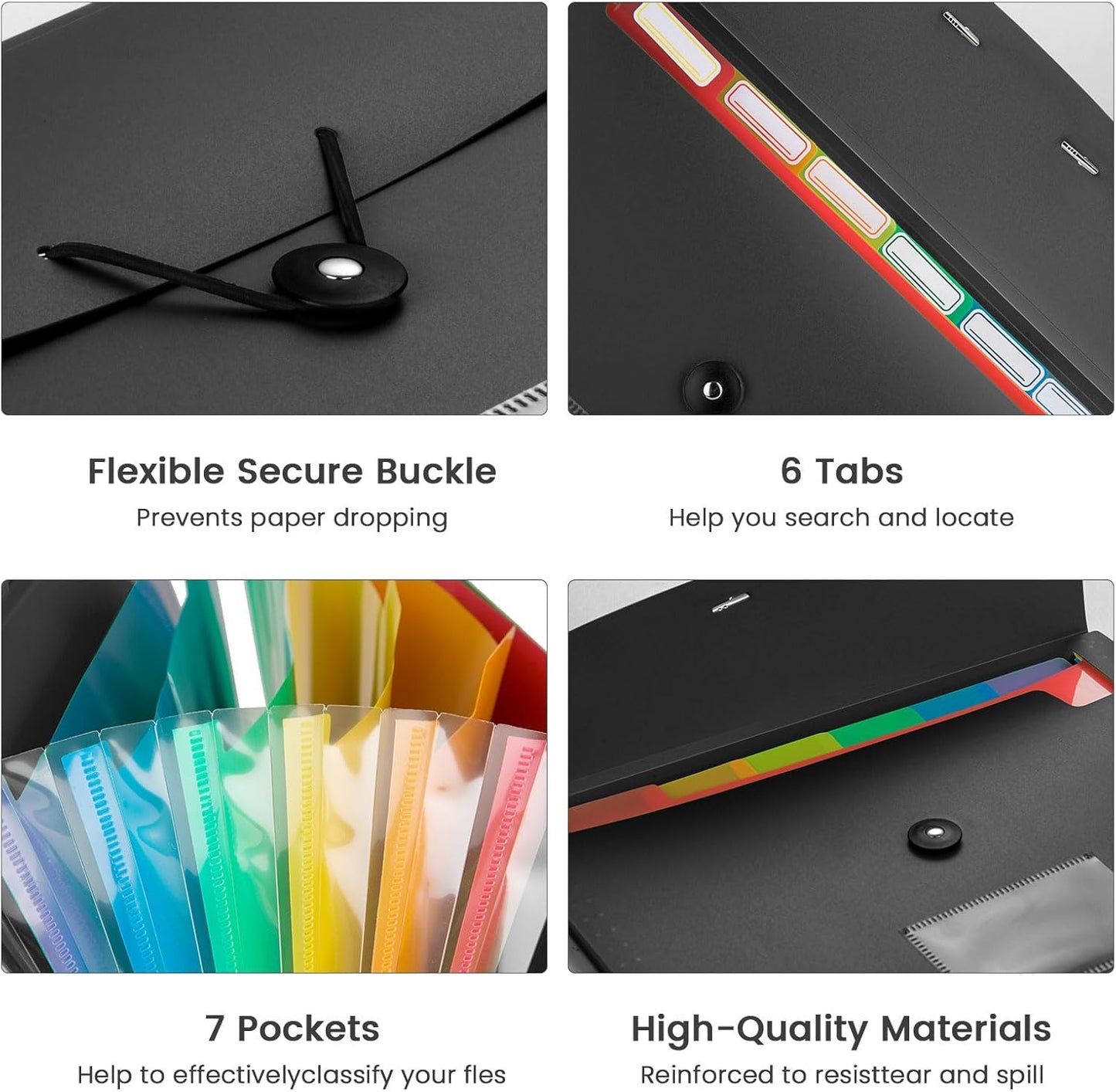 Accordion File Organizer, 7 Pockets Expanding File Folder with Labels, A4/Letter Size Portable Folders for Documents, Paper Organizer for School Office Supplies, Black