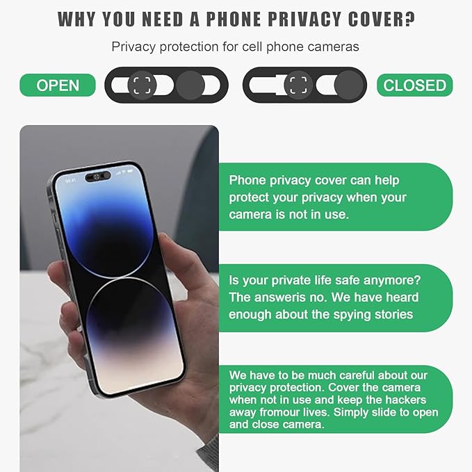 Front Camera Cover,Updated Webcam Cover Compatible for Phone 14Pro/14 Pro Max/15/15Plus/15Pro/15Pro Max/16/16Plus/16Pro/16Pro Max,Open/Close Face Recogition,Protect Privacy and Security,2 Pack-Black